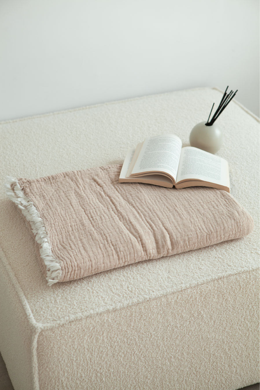 blanket in beige 100% cotton, made in portugal.