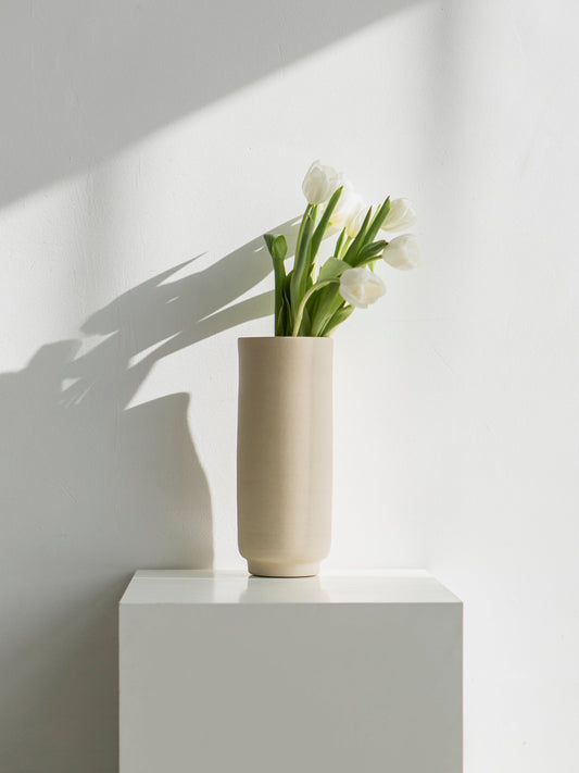 Sleek Vase, with a minimalist shape, handmade in Portugal. Ideal for displaying flowers like tulips or as a standalone decorative vase